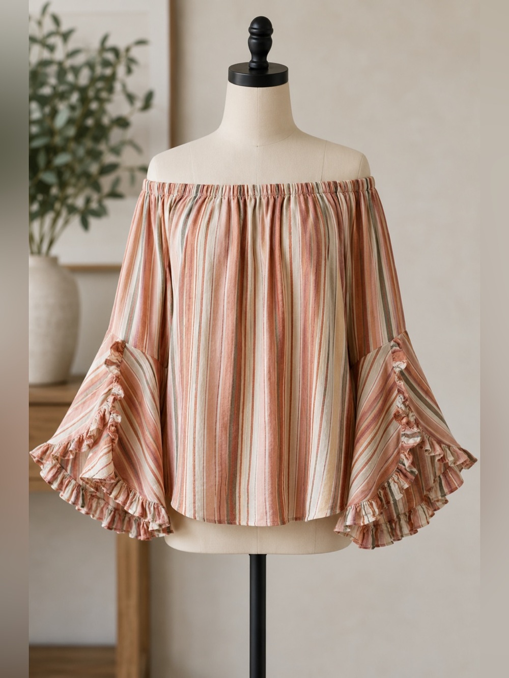 a beautiful soul Prairie Boho Striped Cottagecore Flare Sleeve Tunic Size L